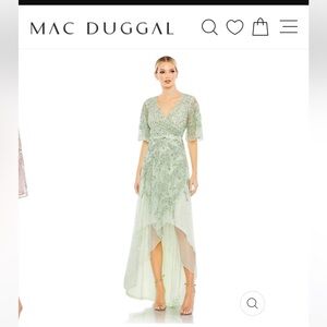 Mac Duggal sage green SEQUINED BUTTERFLY SLEEVE HIGH LOW GOWN size 24